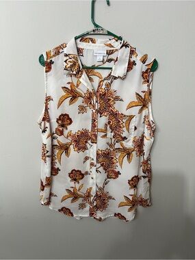 Liz Claiborne White Floral Sleeveless Button-Up - Yellow & Brown Print Size L